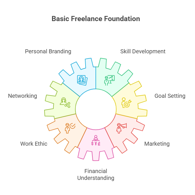 Infographic illustrating the Basic Freelance Foundation with a circular gear design divided into seven segments labeled Personal Branding, Skill Development, Goal Setting, Marketing, Financial Understanding, Work Ethic, and Networking, each represented with a related icon.