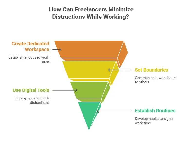 Inverted funnel infographic titled "How Can Freelancers Minimize Distractions While Working?" The funnel has four color-coded sections with practical tips: