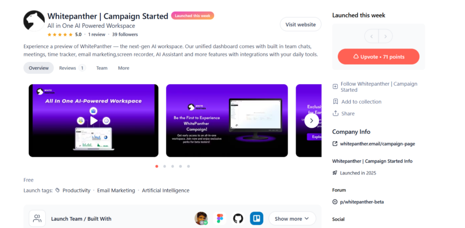 WhitePanther Product Hunt campaign page showcasing the all-in-one AI-powered workspace with built-in team chat, email marketing, screen recorder, time tracker, and AI assistant — launched last week with 71 upvotes, 1 Review and a 5.0 rating.