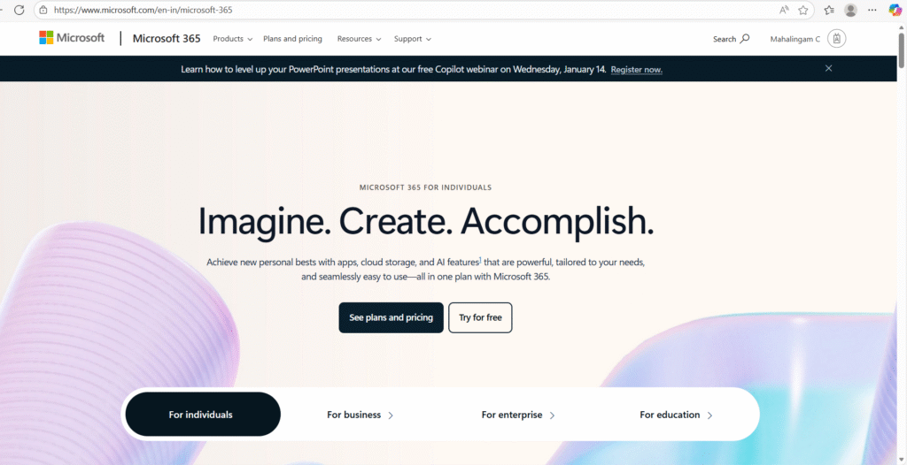 Website Screen of Microsoft 365