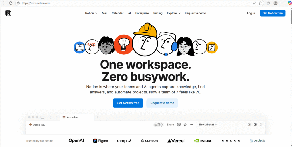 website homescreen of notion